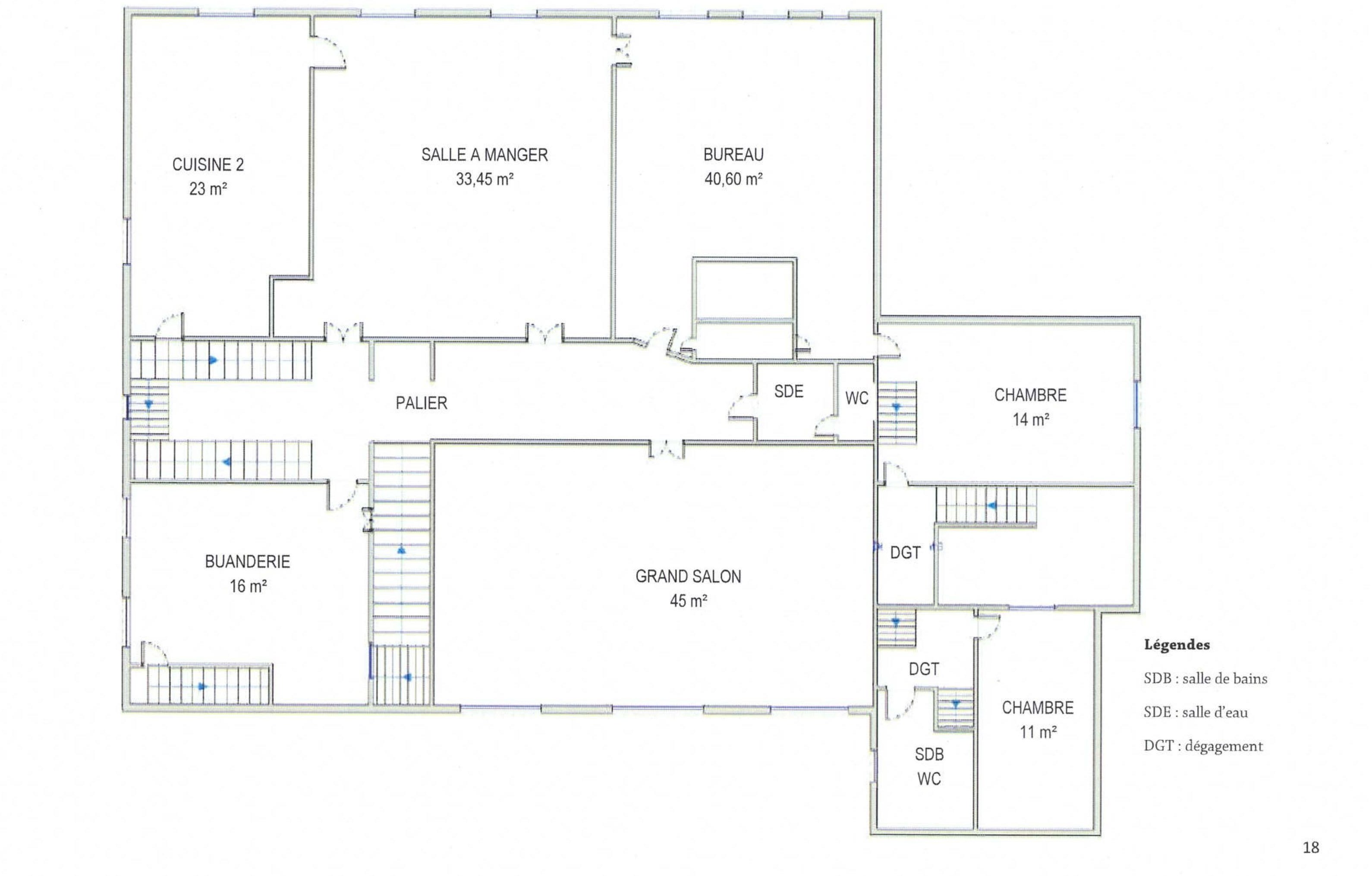 Plan du 1ᵉʳ étage — cuisine, salle à manger, bureau, grand salon, deux chambres, buanderie