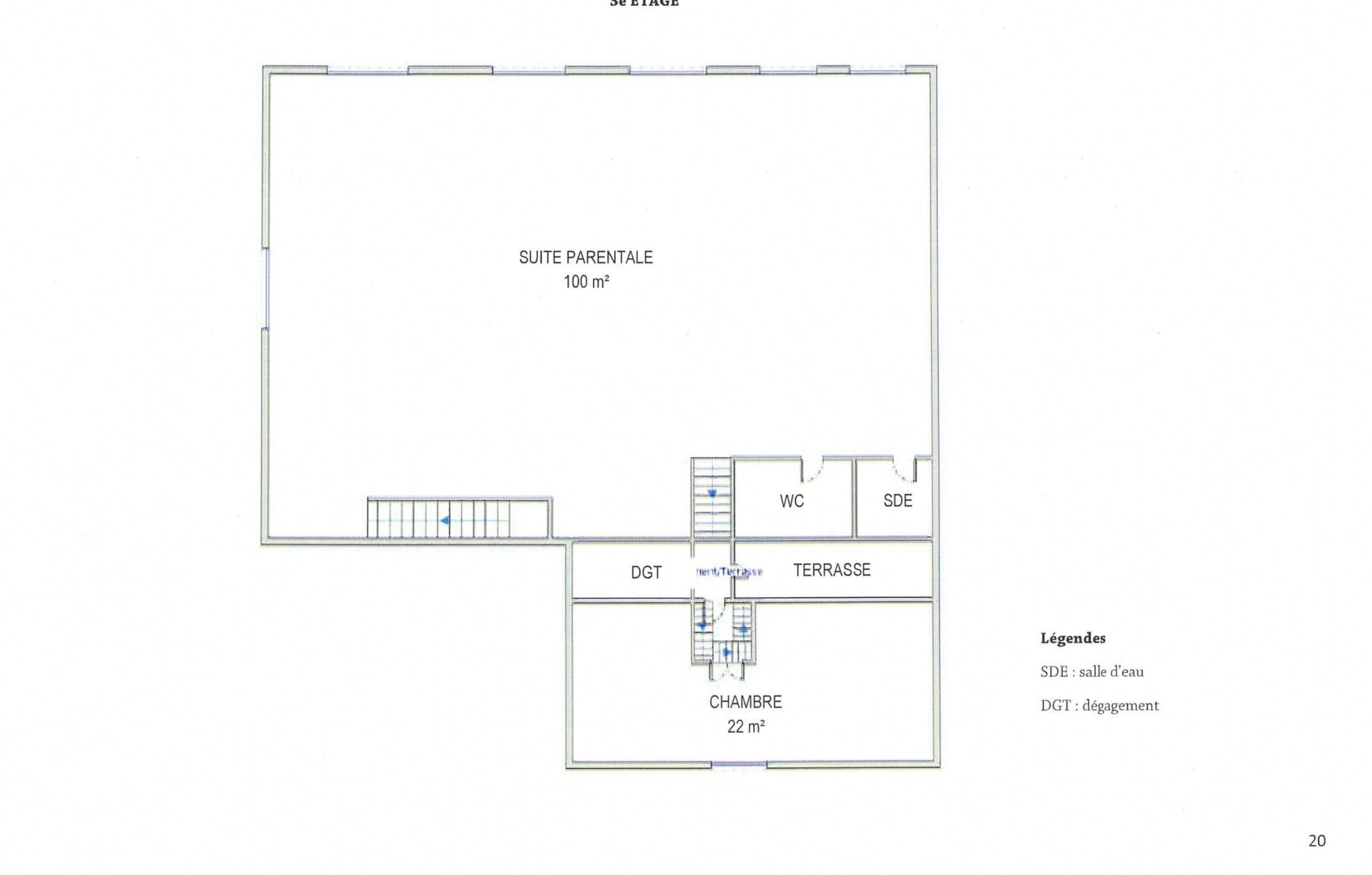 Plan du 3ᵉ étage — suite parentale de 100 m², chambre, terrasse